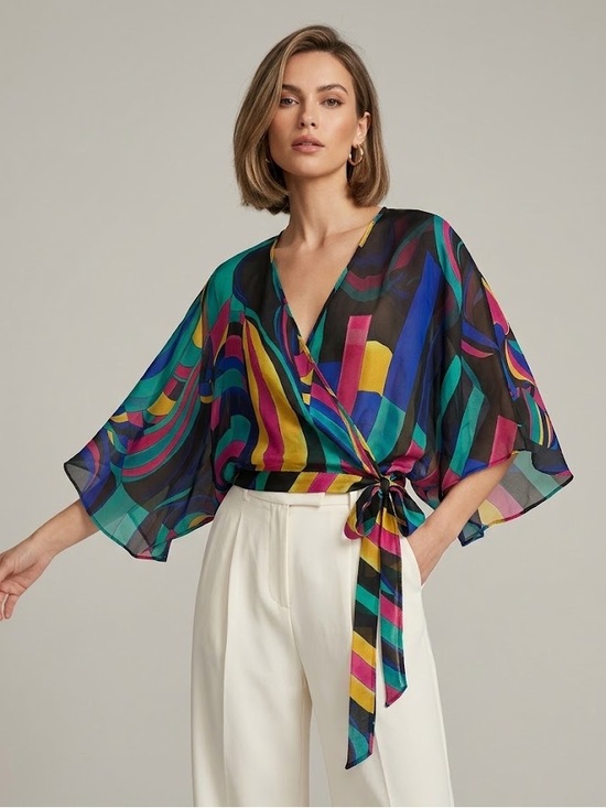 Tops - Silk Multicolor Abstract Top | Size Large